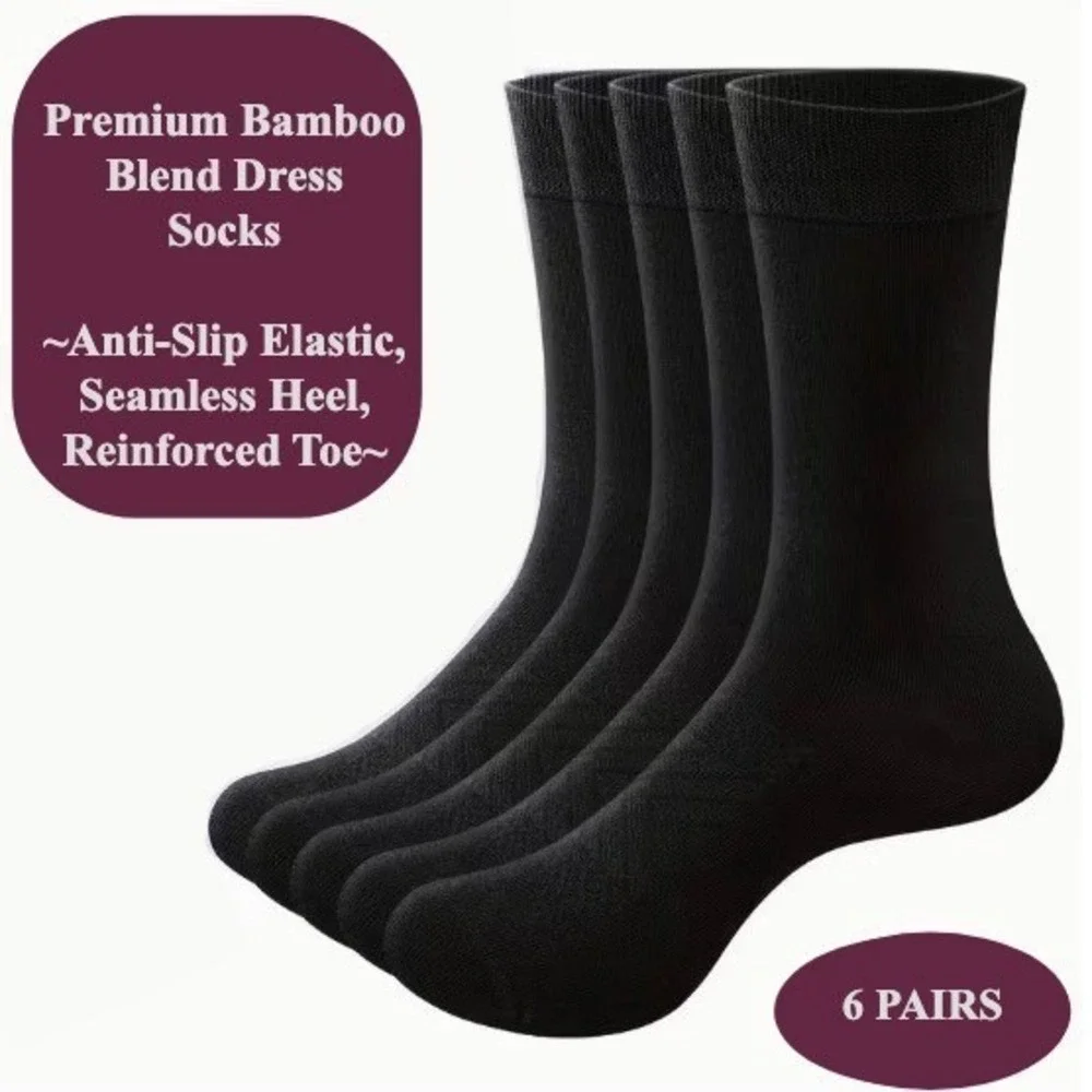 Bamboo Thin Dress Crew Socks XL Durable Moisture Wicking Black 6 PK NEW